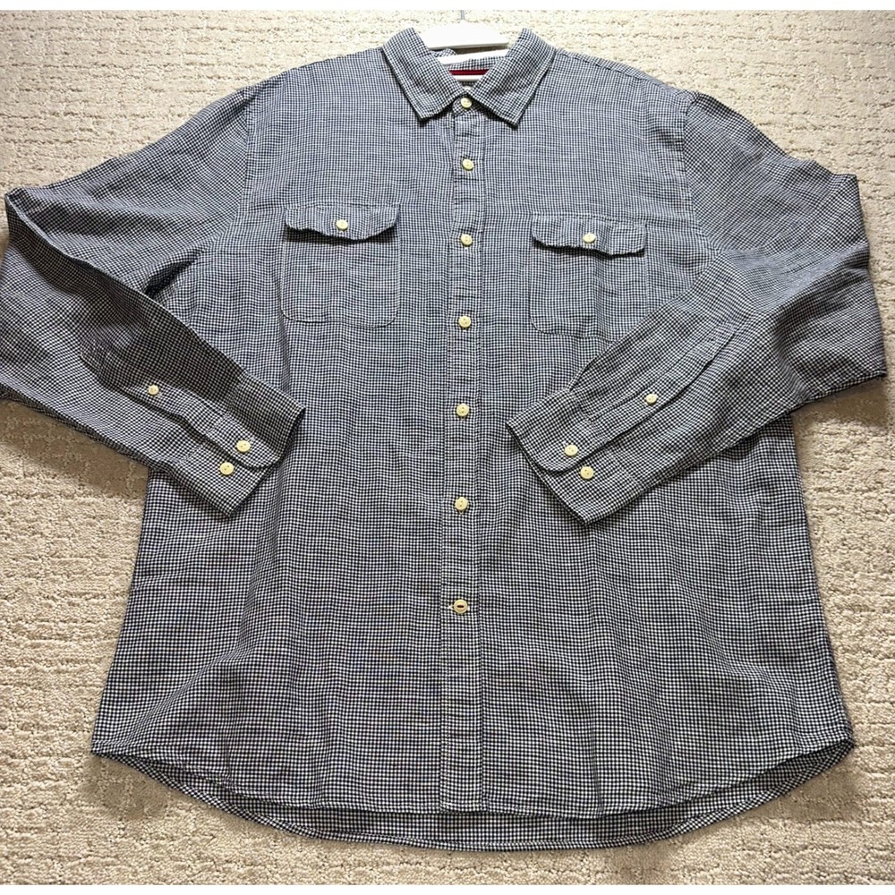 Goodthreads Button Down Shirt Mens Large Blue Gingham Linen Blend Long Sleeve